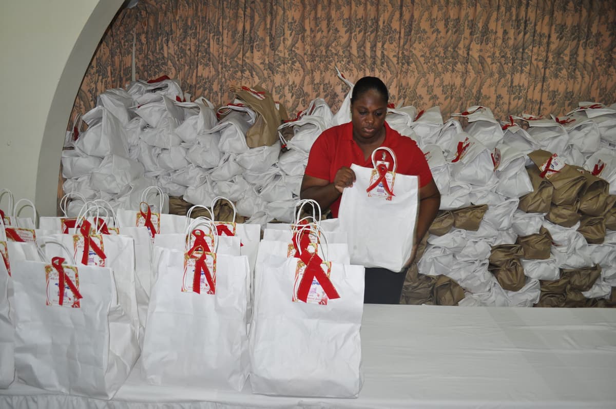 Staff preparing Christmas gift bags